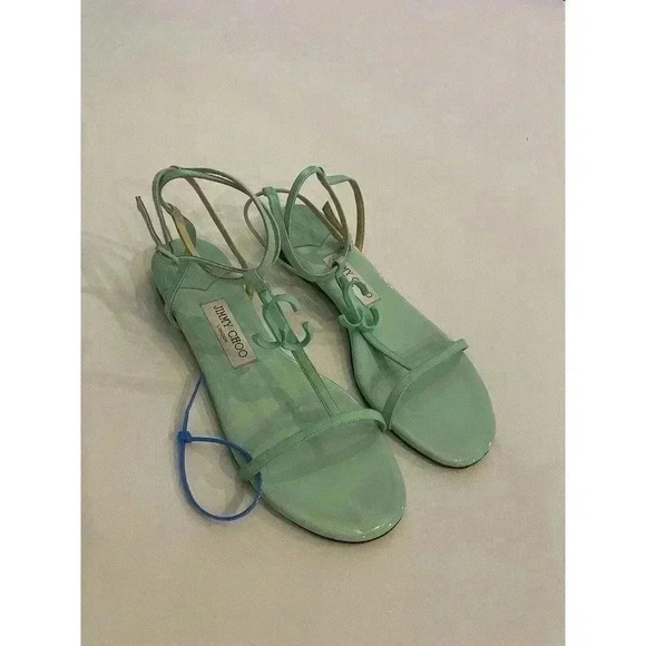 JIMMY CHOO Alodie Flat Nappa Patent Leather Sandals T Strap Logo Mint Green 9 39 - Picture 4 of 16